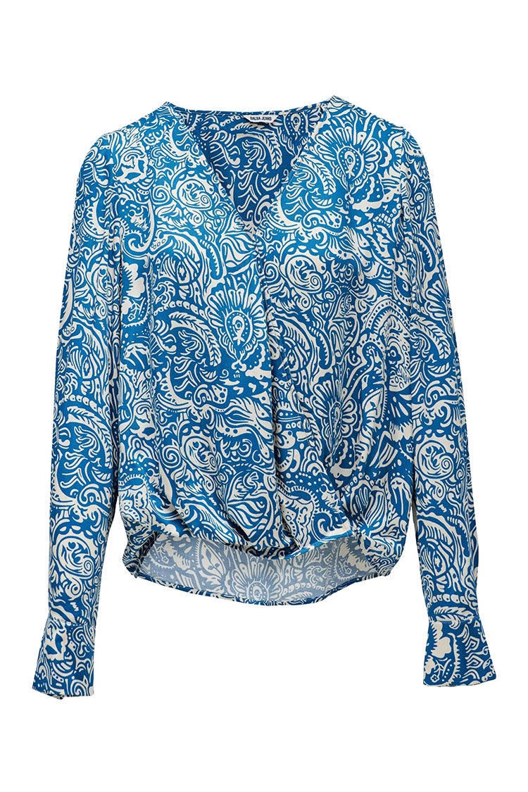 Salsa Wrap Blouse-Blue/Cream Pattern