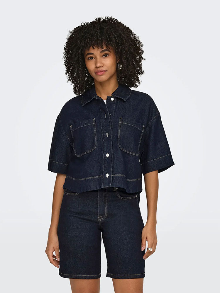 Onlcleo Crop Denim Shirt-Dark Blue Denim
