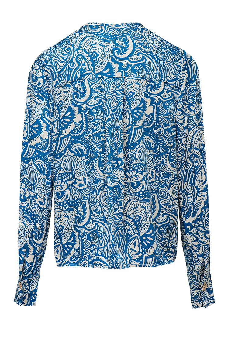 Salsa Wrap Blouse-Blue/Cream Pattern