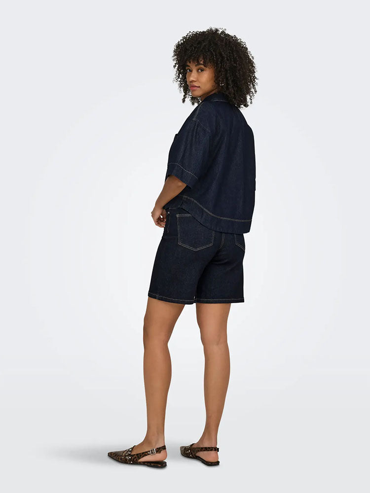 Onlcleo Crop Denim Shirt-Dark Blue Denim