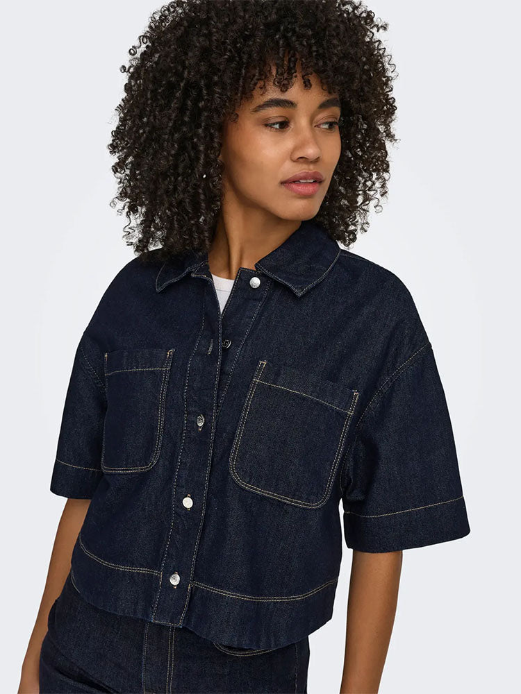 Onlcleo Crop Denim Shirt-Dark Blue Denim