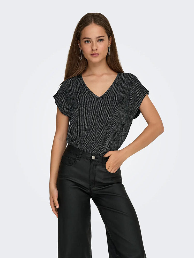 Onlcarol V-Neck Glitter Top-Black/Silver Glitter