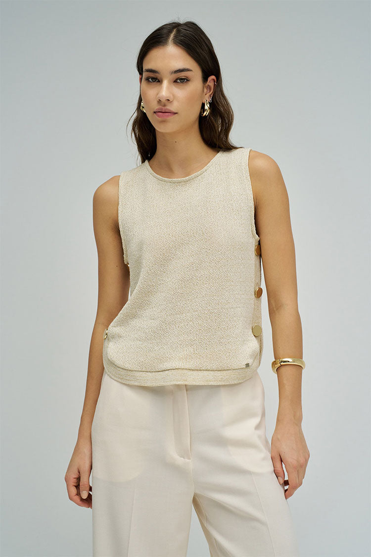 Lurex Knit Top-Beige/Gold