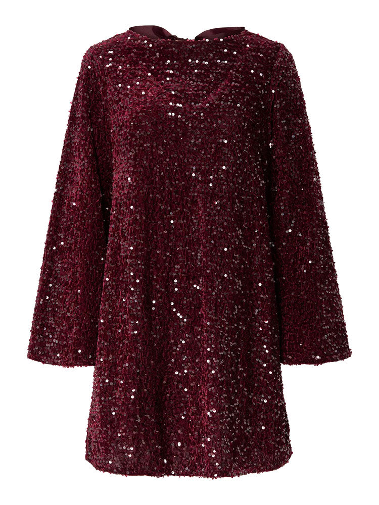Pckam Deep Back Sequin Bow Dress-Burgundy