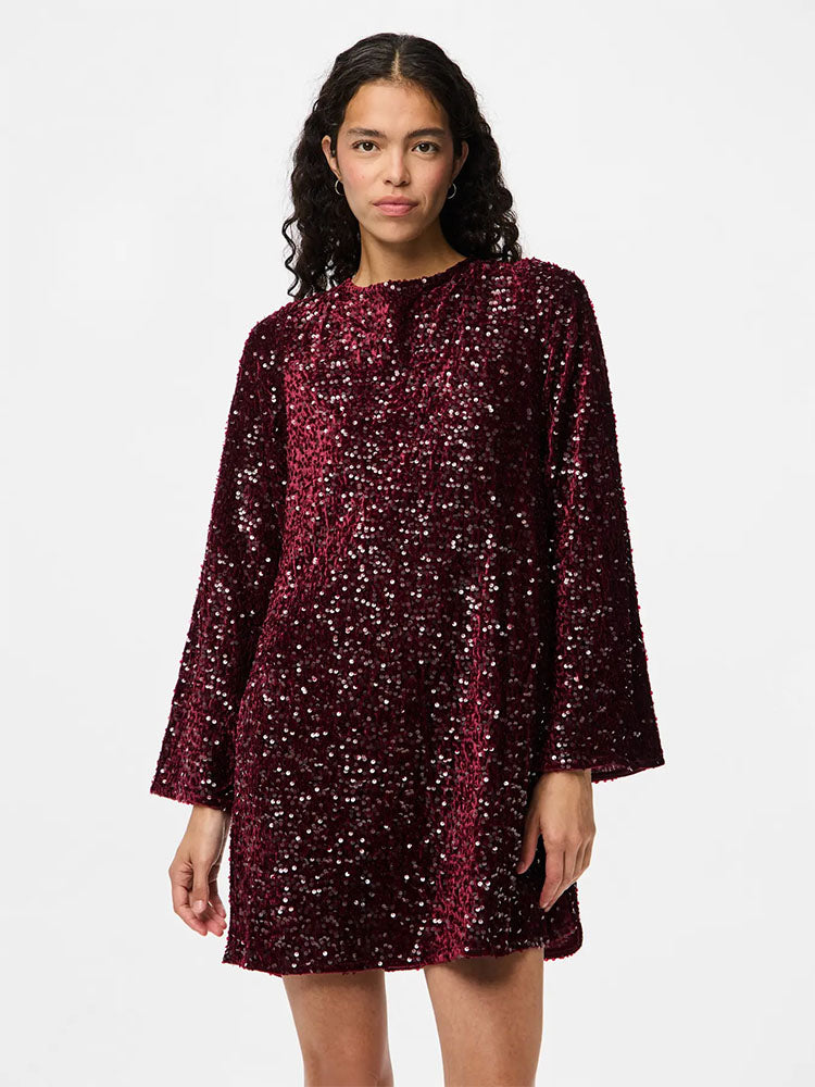 Pckam Deep Back Sequin Bow Dress-Burgundy