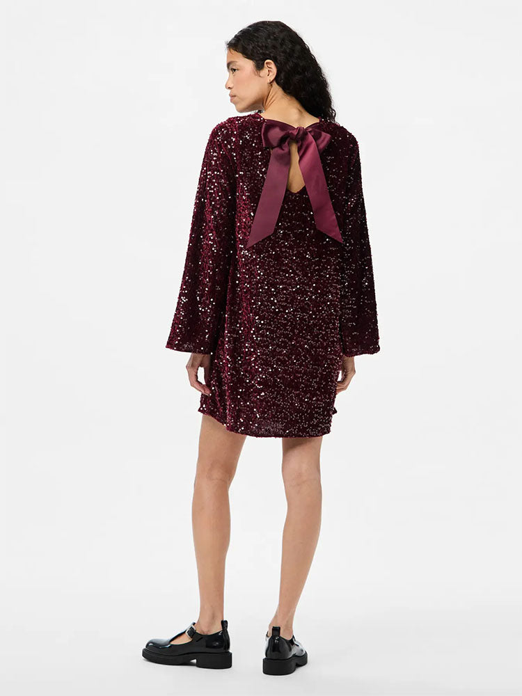 Pckam Deep Back Sequin Bow Dress-Burgundy