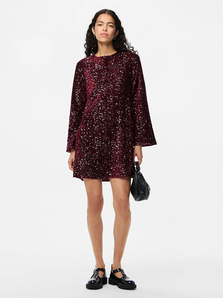 Pckam Deep Back Sequin Bow Dress-Burgundy
