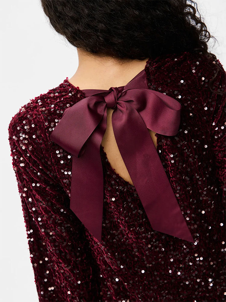 Pckam Deep Back Sequin Bow Dress-Burgundy