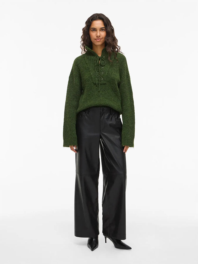 Viannie Wide Coated Trousers-Black