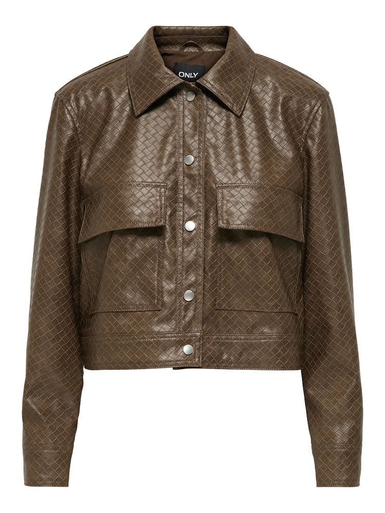 Onlsaku Braid Faux Leather Jacket-Brown