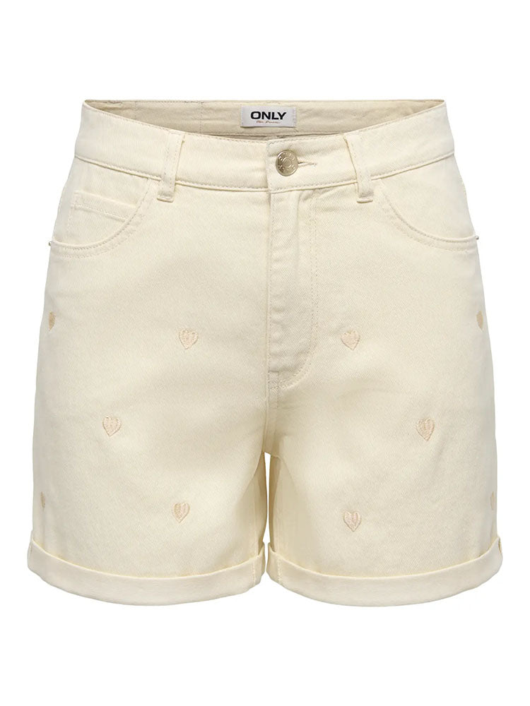 Onlvega HIgh Waist Embroidery Denim Shorts-Cream with Hearts