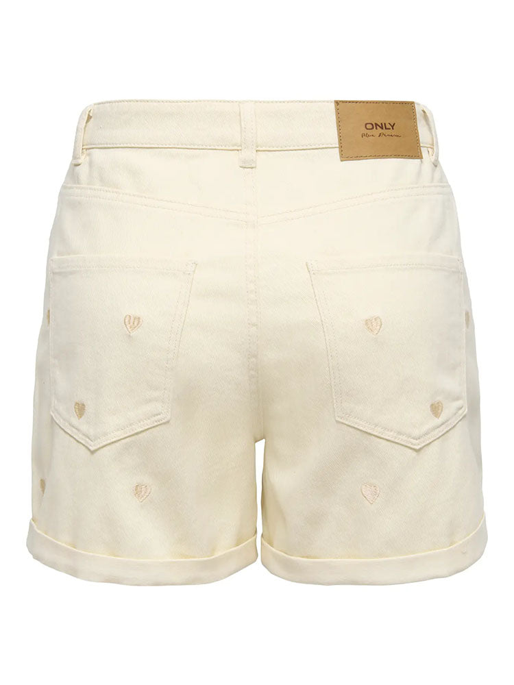 Onlvega HIgh Waist Embroidery Denim Shorts-Cream with Hearts