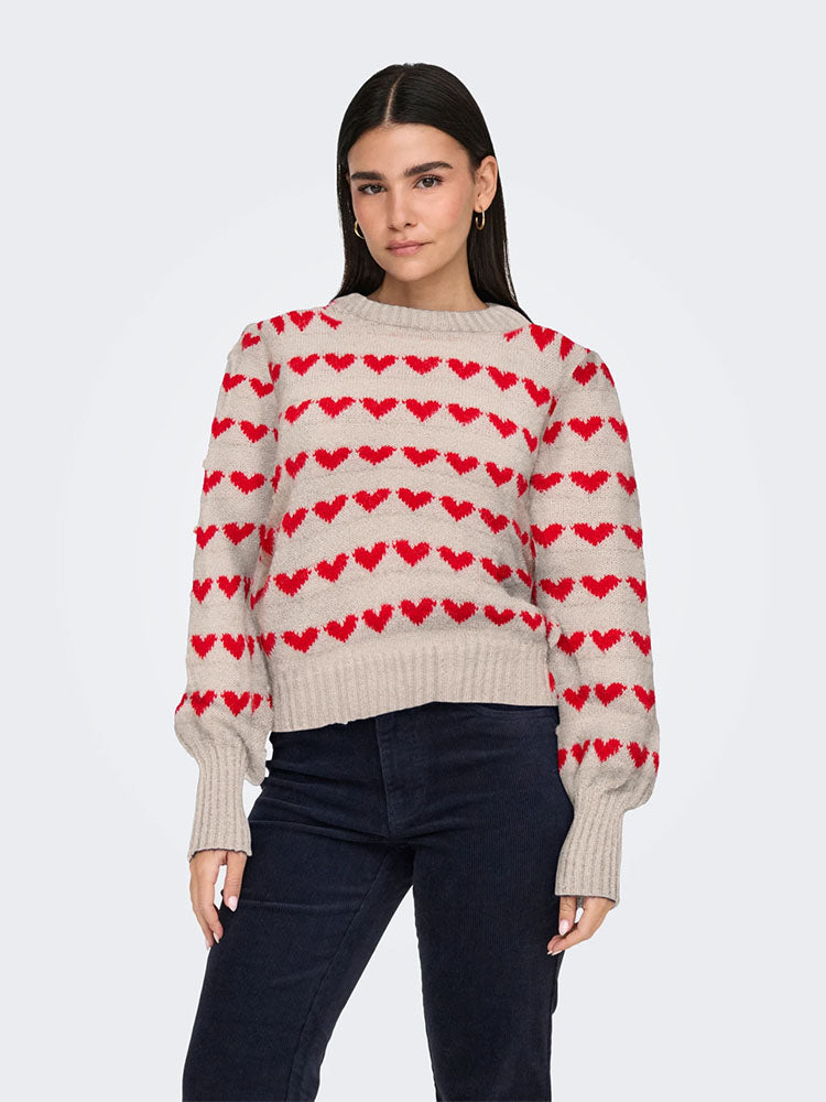 Jdysigrid Cream Knit Sweater with Red Hearts