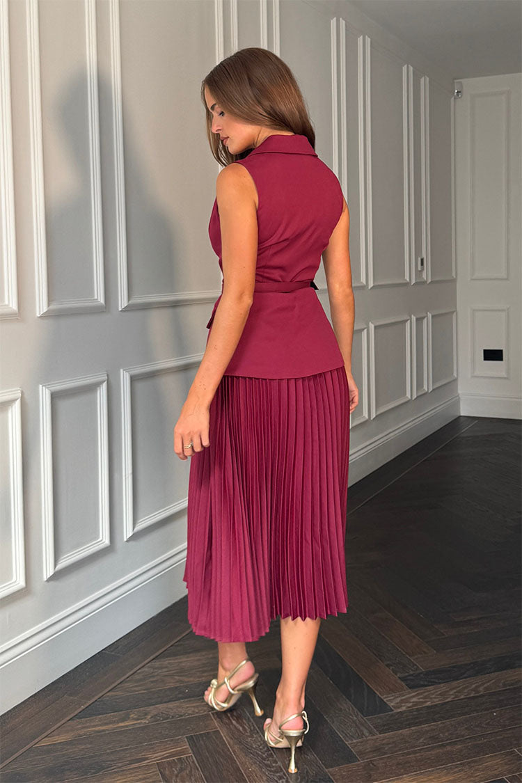 Agatha Pleated Skirt Waistcoat Midi Dress Berry