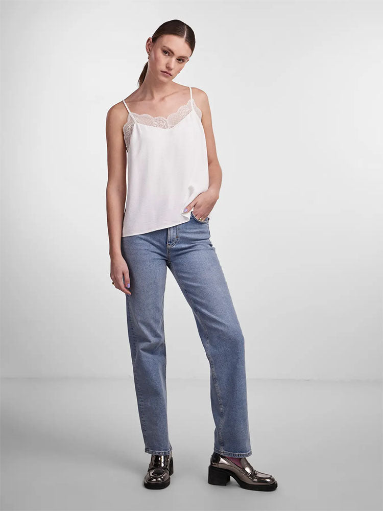 Pctiffany Strap Lace Top-White