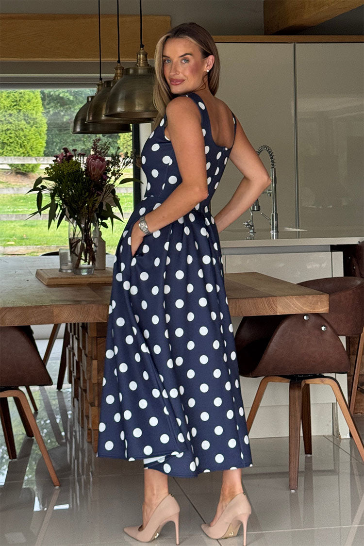 Erica Square Neck Pleated Midi Dress Navy Spot