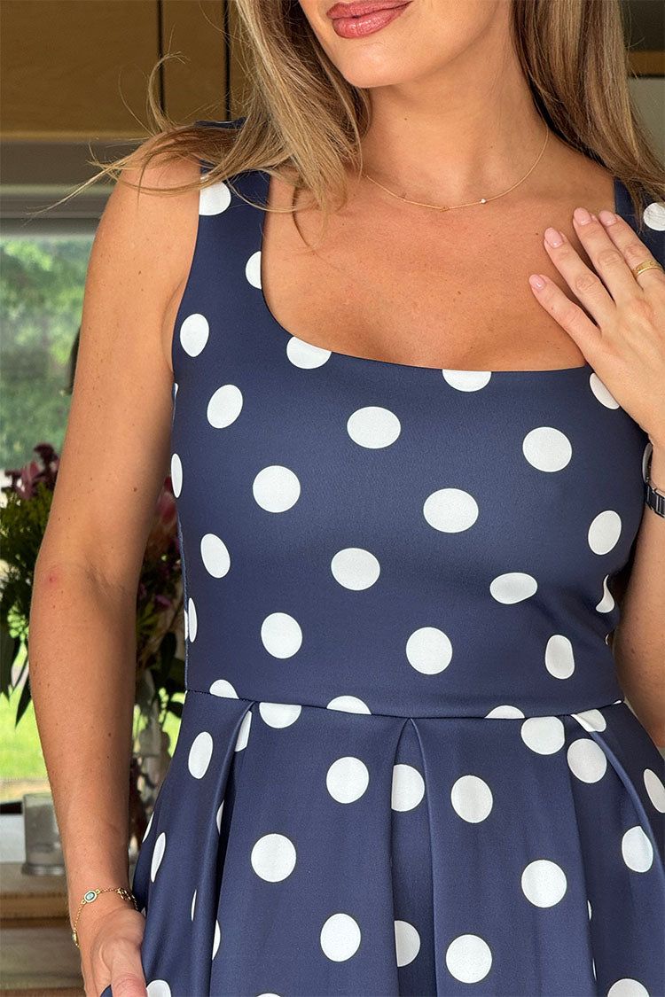 Erica Square Neck Pleated Midi Dress Navy Spot