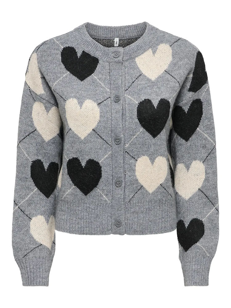 Onlritu Cardigan-Grey with Black/Cream Hearts