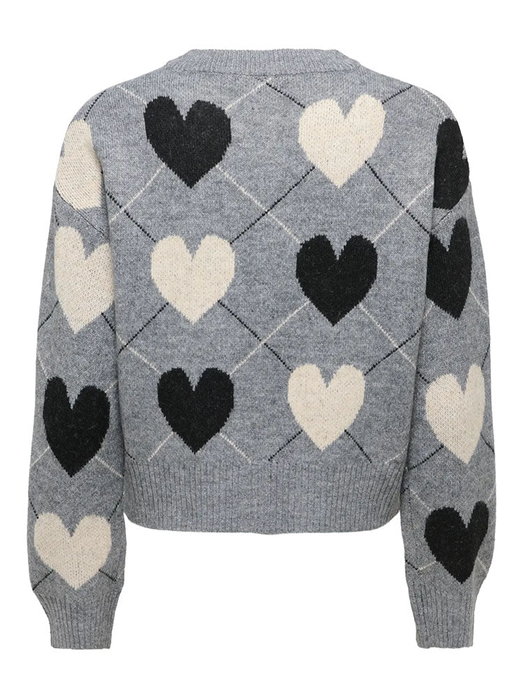 Onlritu Cardigan-Grey with Black/Cream Hearts