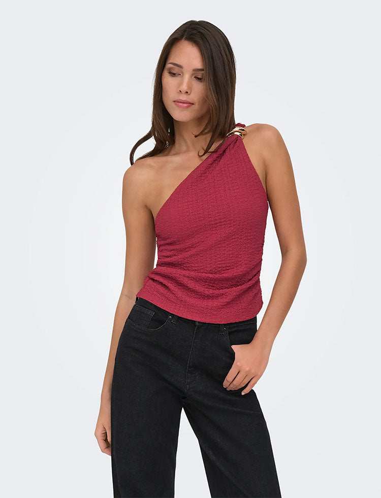 Onlerikka Assymetric Crinkle Top-Brick Red
