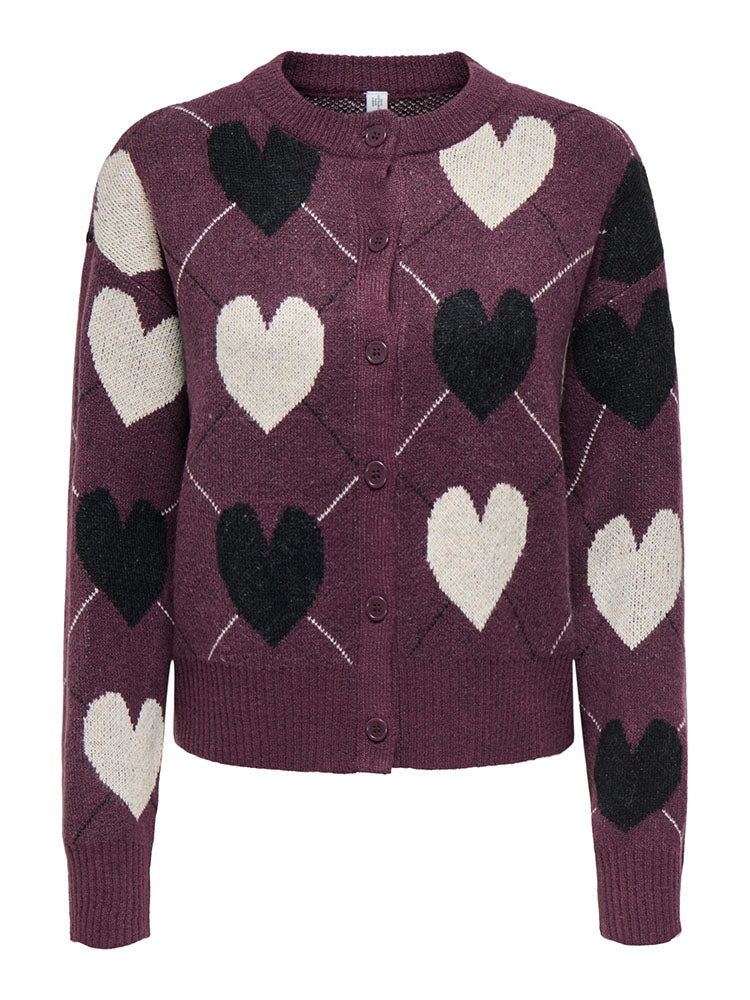 Onlritu Cardigan-Fig with Black & Cream Hearts