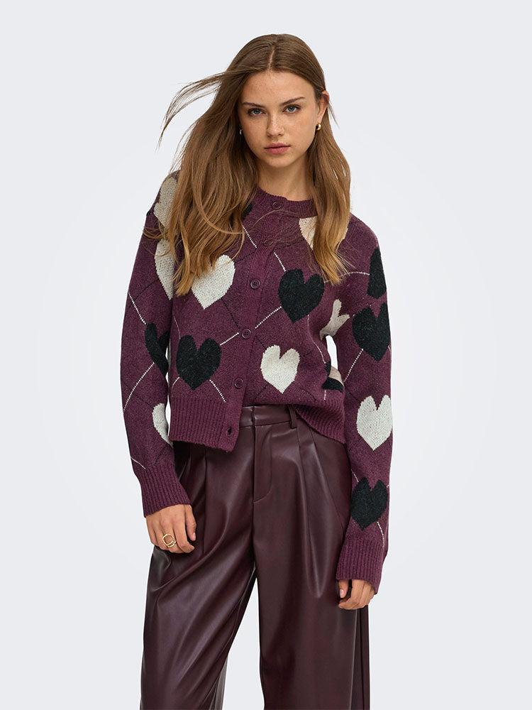 Onlritu Cardigan-Fig with Black & Cream Hearts