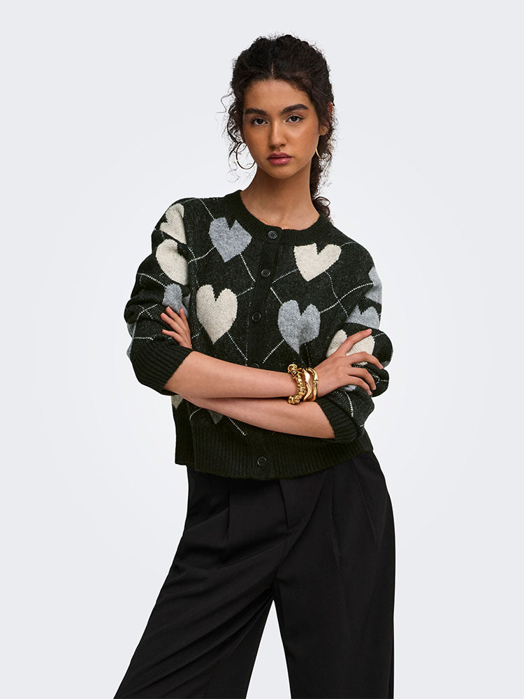 Onlritu Cardigan-Black with Black & Cream Hearts