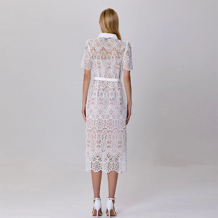 Button Dress in Sheer Lace-White