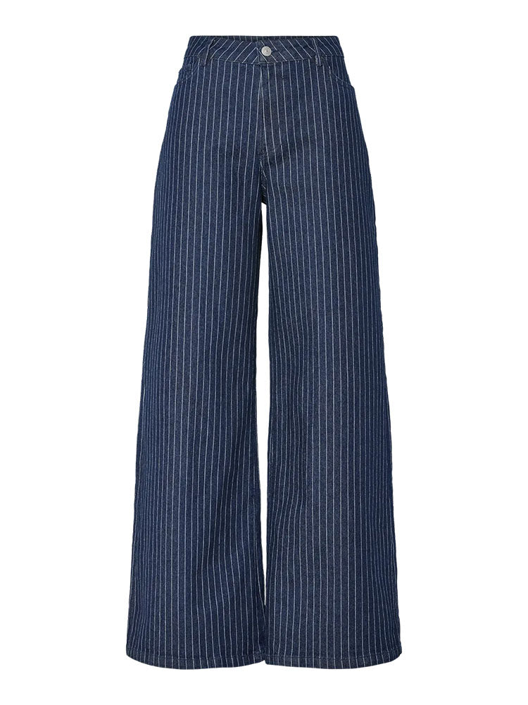 Pcrose Mid Waist Wide Dark Denim Jeans with Pinstripes