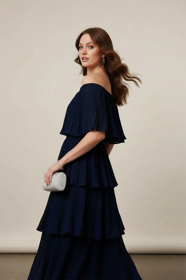 Off-Shoulder Pleated Tiered Midi Dress-Navy