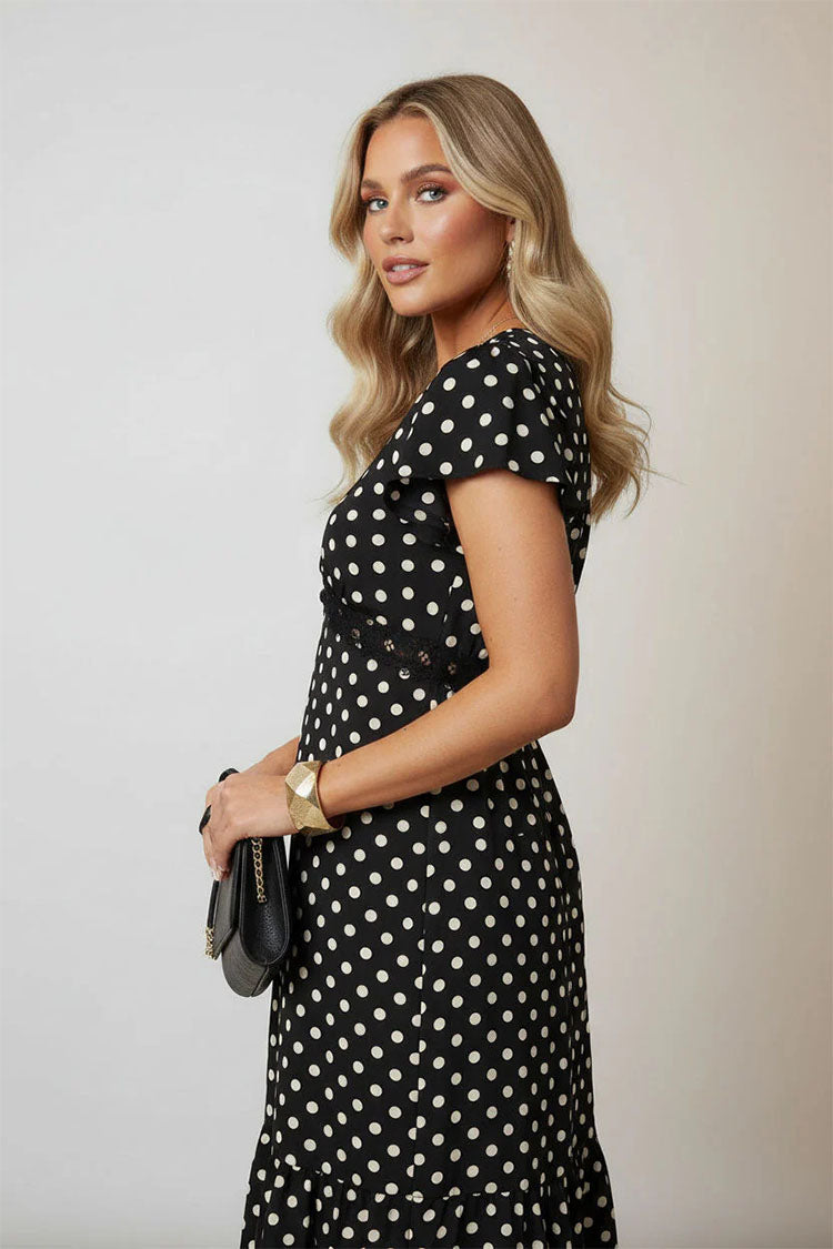 Polka Dot Lace Trim Midi Dress
