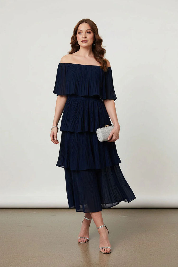 Off-Shoulder Pleated Tiered Midi Dress-Navy