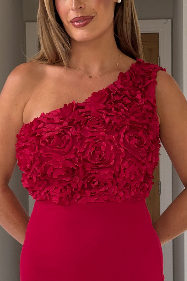 Gwyneth 3D Floral One Shoulder Midi Dress Red