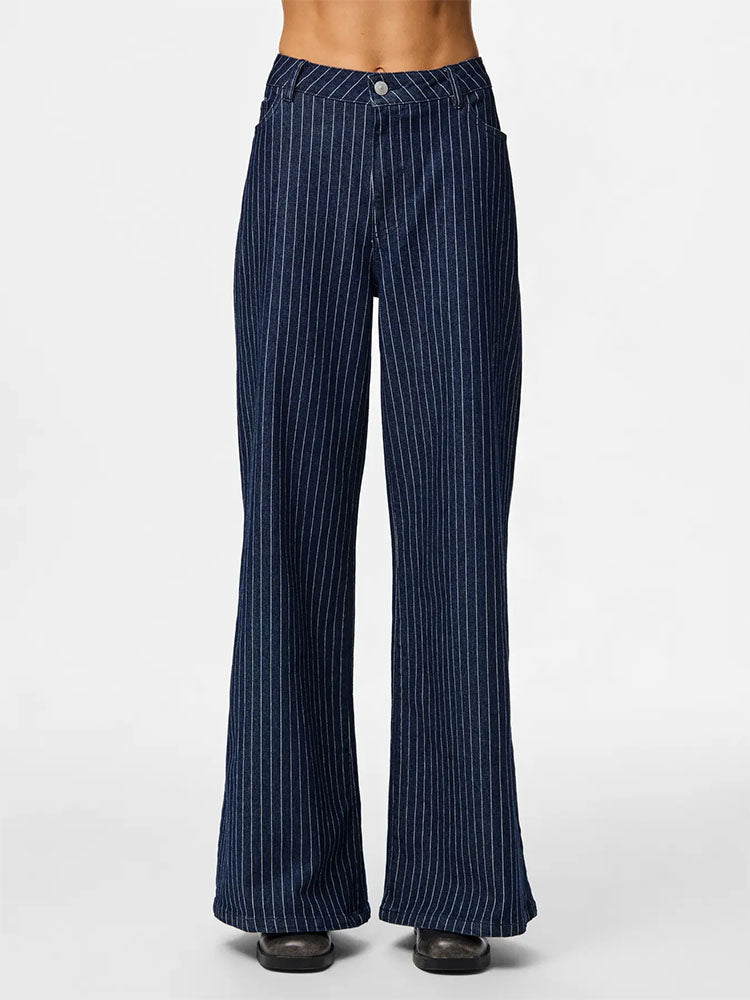 Pcrose Mid Waist Wide Dark Denim Jeans with Pinstripes