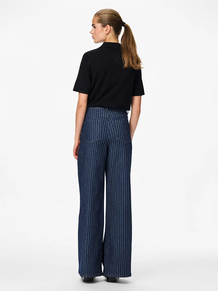 Pcrose Mid Waist Wide Dark Denim Jeans with Pinstripes