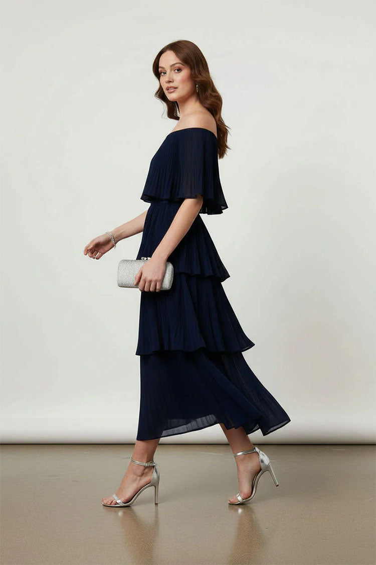 Off-Shoulder Pleated Tiered Midi Dress-Navy