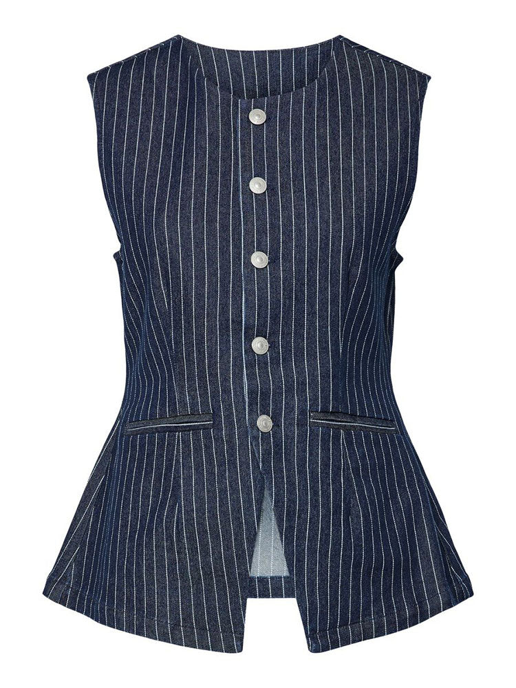 Pcrose Long Dark Denim Waistcoat with Pinstripes