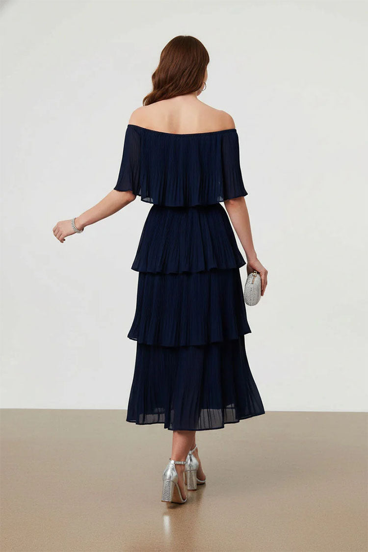 Off-Shoulder Pleated Tiered Midi Dress-Navy