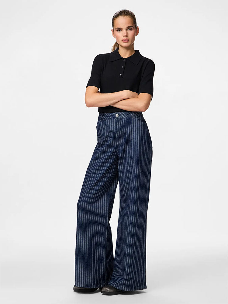 Pcrose Mid Waist Wide Dark Denim Jeans with Pinstripes