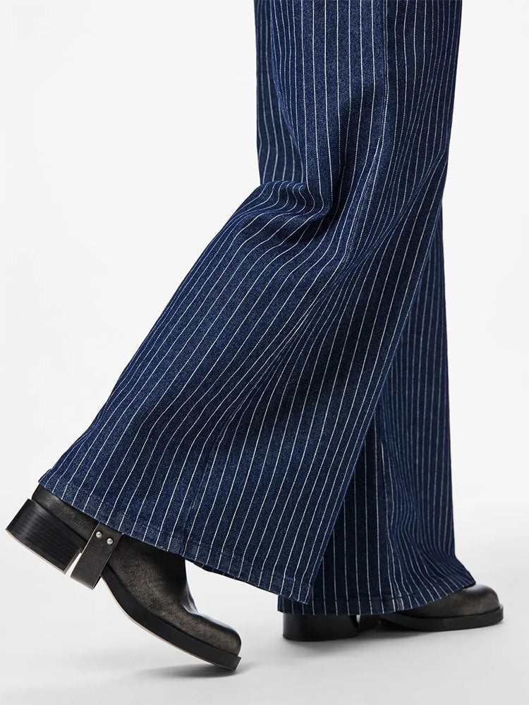 Pcrose Mid Waist Wide Dark Denim Jeans with Pinstripes