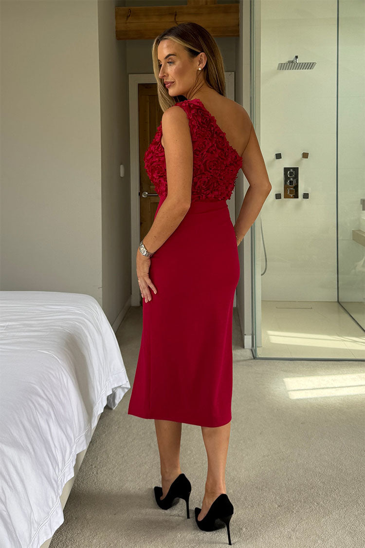 Gwyneth 3D Floral One Shoulder Midi Dress Red