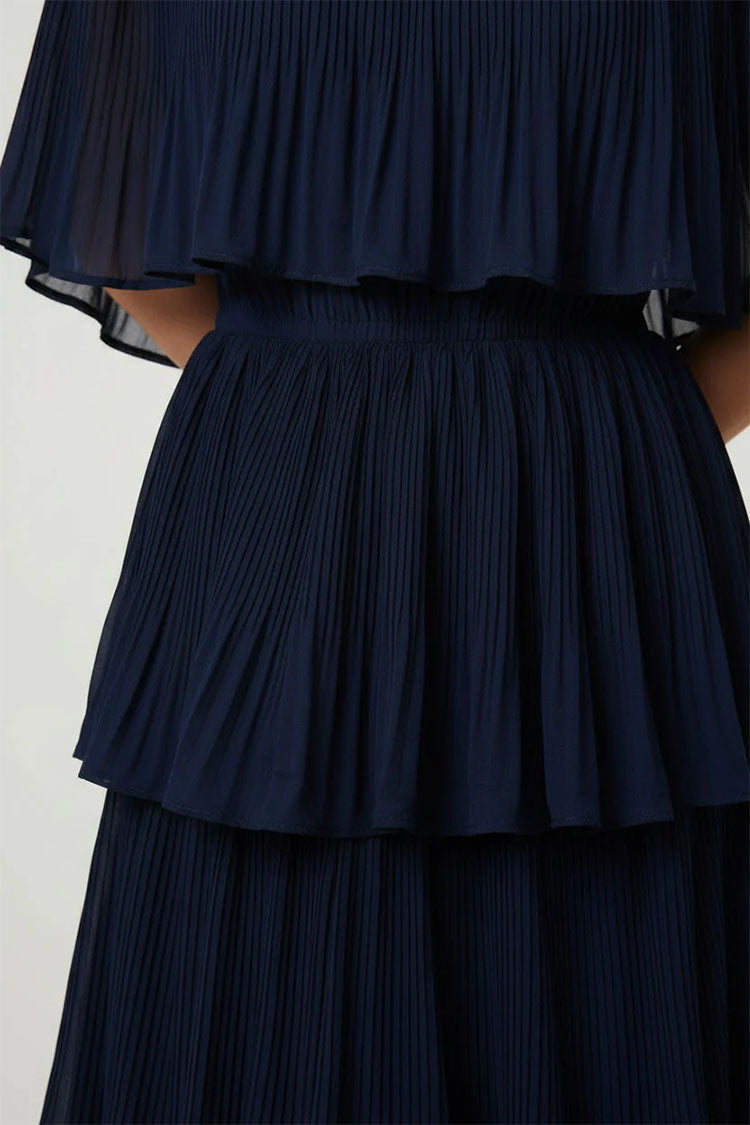 Off-Shoulder Pleated Tiered Midi Dress-Navy
