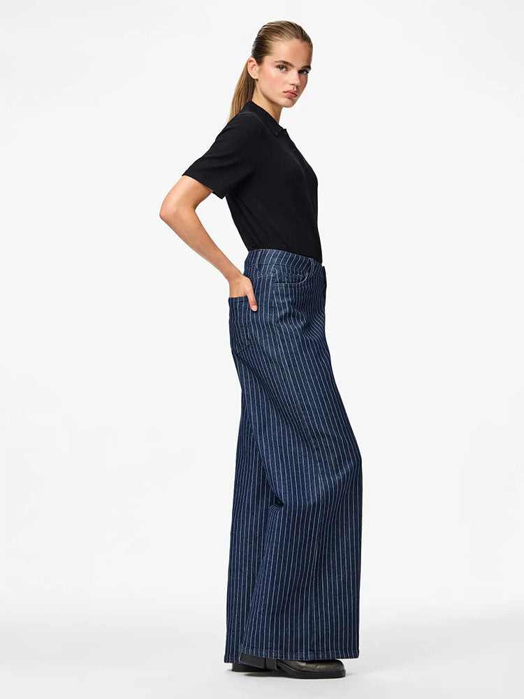 Pcrose Mid Waist Wide Dark Denim Jeans with Pinstripes
