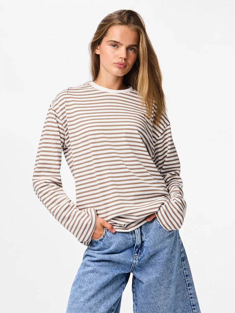Pcsadie Long Sleeve Top-White/Brown Stripe