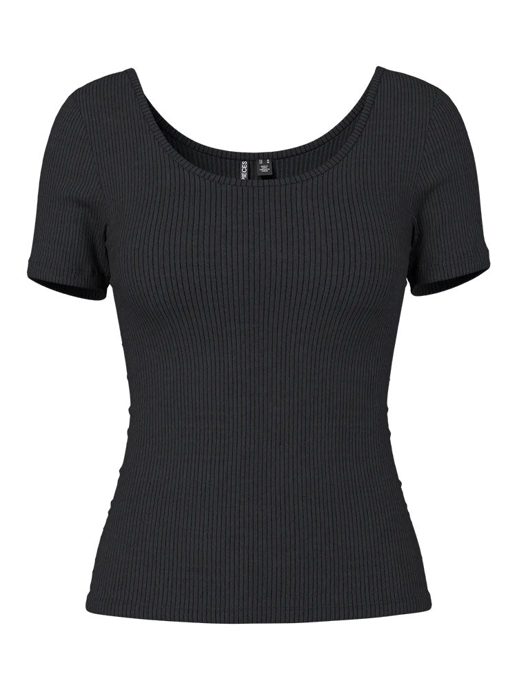 Pckitte Plain Short Sleeve Ribbed Fitted Top-Black