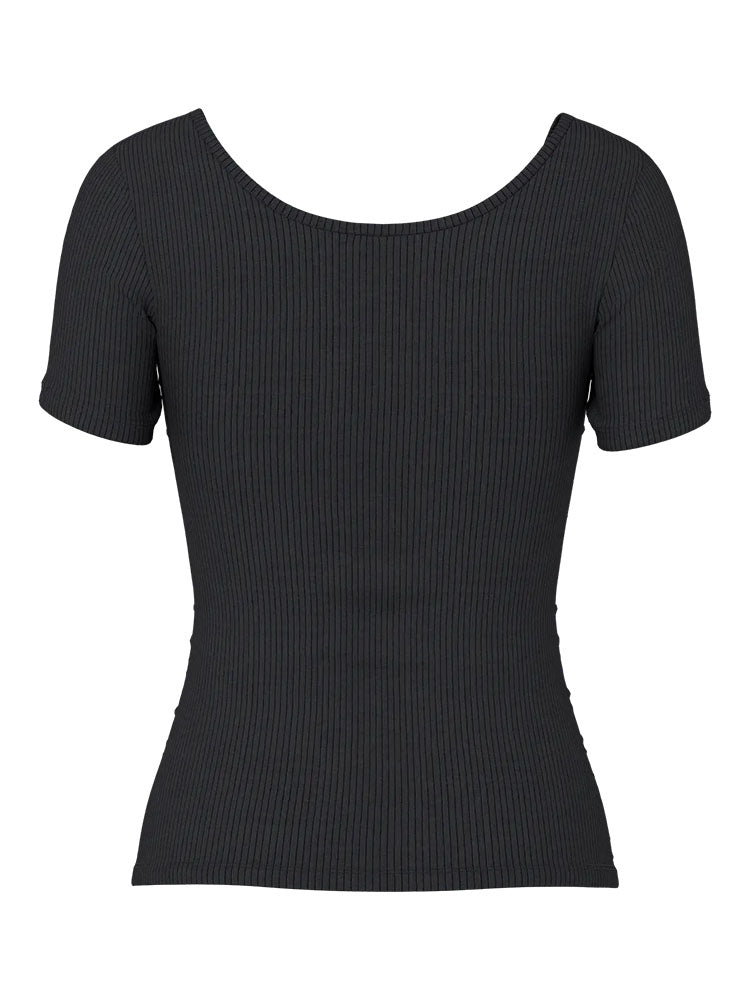 Pckitte Plain Short Sleeve Ribbed Fitted Top-Black