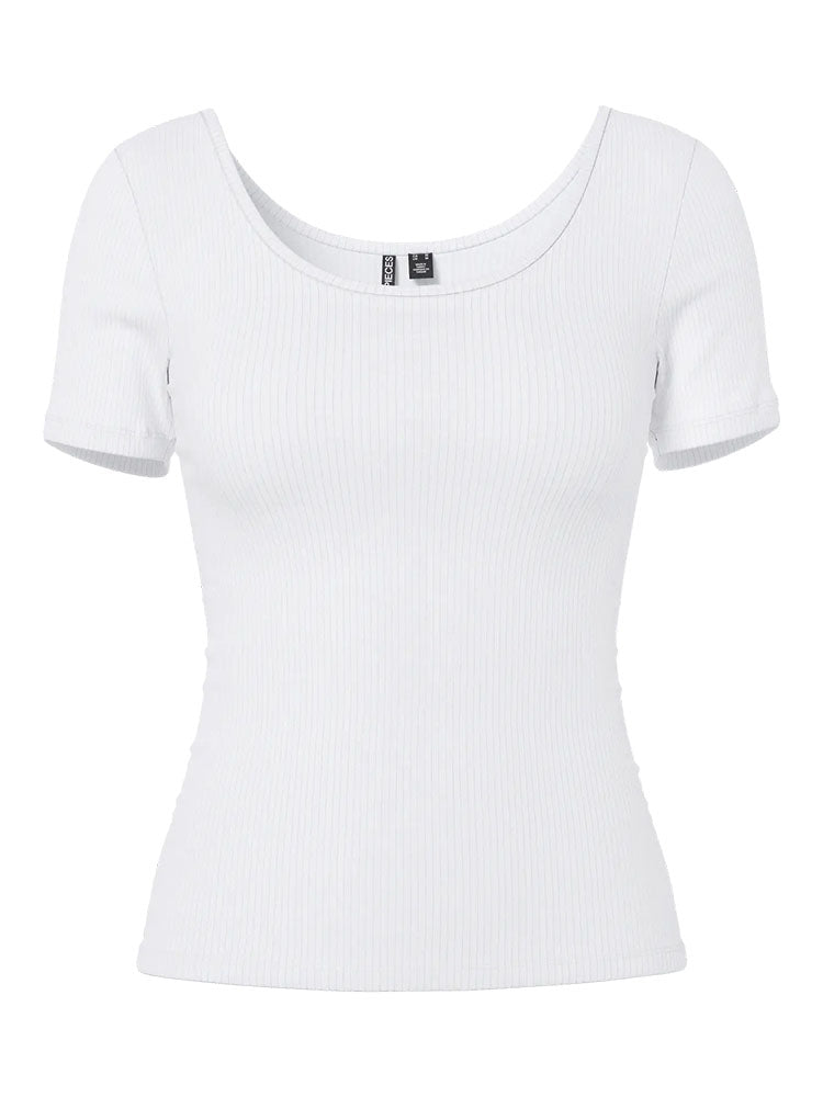 Pckitte Plain Short Sleeve Ribbed Fitted Top-White