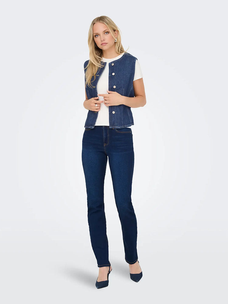Onlaya Fitted Denim Waistcoat-Dark Blue Denim