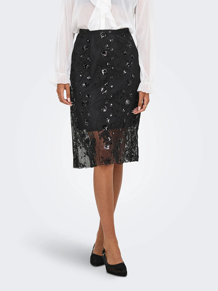 Onlsinna Mid Length Mesh Skirt with Sequins-Black