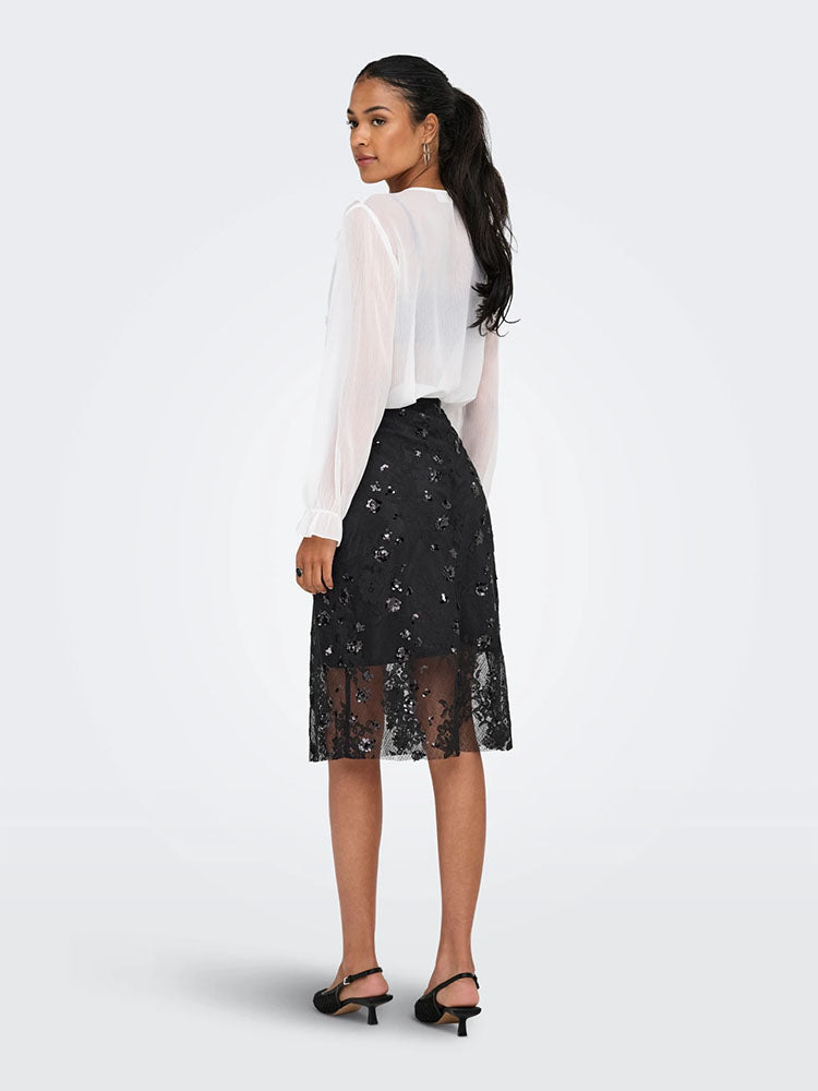 Onlsinna Mid Length Mesh Skirt with Sequins-Black